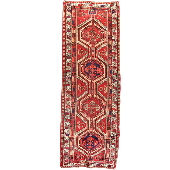 Ardabil Persian Rug 10'10" x 3'3" - Semi Antique Medallion Turquoise, White Hand Knotted | front view | SKU 111020