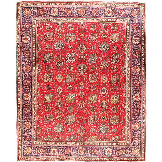 Tabriz Persian Rug 9'10" x 7'10" - Semi Antique Medallion Red, Cream Hand Knotted | front view | SKU 111027