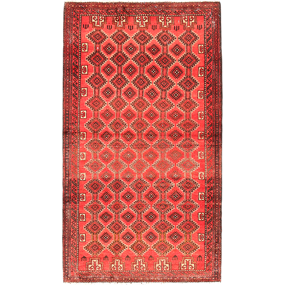 Baluch Persian Rug 5x3 ft - Semi Antique Mihrab Red, Blue Hand Knotted | front view | SKU 111028