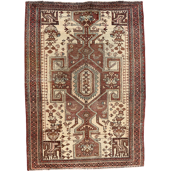 Saveh Persian Rug 5'1" x 3'8" - Semi Antique Medallion Red, Brown Hand Knotted | front view | SKU 111032