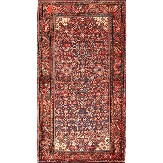 Hamadan Persian Rug 7'3" x 3'9" - Semi Antique Afshan Red, Blue Hand Knotted | front view | SKU 111033