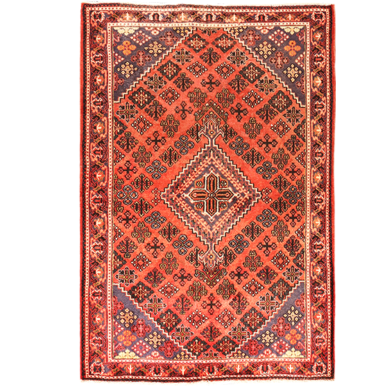 Joshaqan Persian Rug 7x4 ft - Semi Antique Diamond Lattice, Geometric Madder Red, Crimson, Navy Blue Hand Knotted | front view | SKU 111034