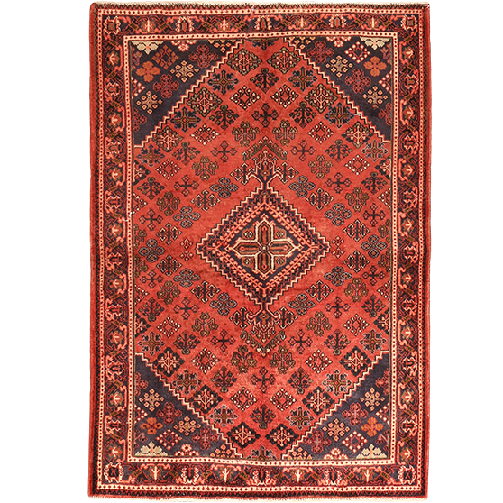Joshaqan Persian Rug 6x4 ft - Semi Antique Medallion (Toranj), Geometric Madder Red, Dark Red, Navy Blue Hand Knotted | front view | SKU 111035
