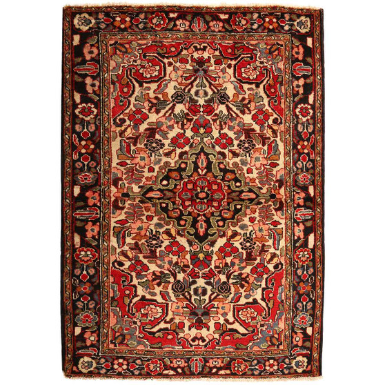 Lilihan Persian Rug 5'0" x 3'5" - Semi Antique Geometric Red, Navy Blue Hand Knotted | front view | SKU 111037