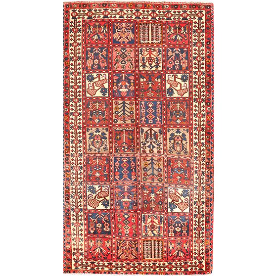 Bakhtiari Persian Rug 9'10" x 5'4" - Semi Antique Medallion Blue, Crimson Hand Knotted | front view | SKU 111038