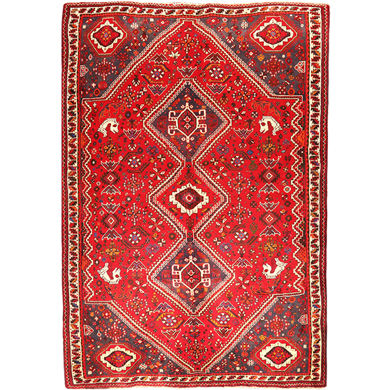 Shiraz Persian Rug 8x5 ft - Semi Antique Diamond Lattice, Geometric Madder Red, Crimson, Ivory Hand Knotted | front view | SKU 111045