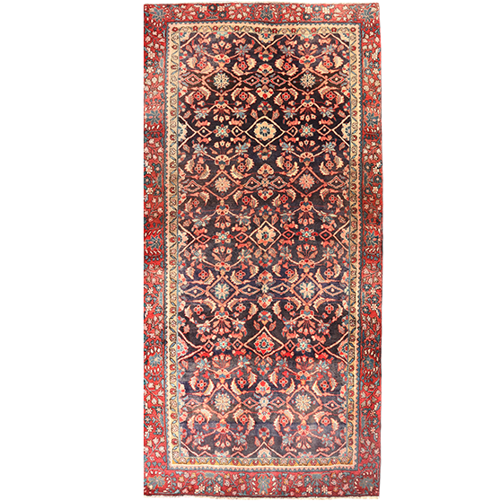 Hamadan Persian Rug 9'9" x 4'7" - Semi Antique Afshan Red, Blue Hand Knotted | front view | SKU 111048