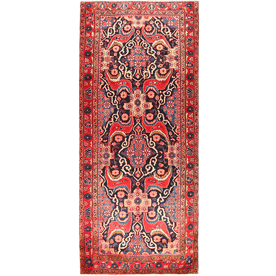 Hamadan Persian Rug 10x4 ft - Semi Antique Medallion (Toranj), Herati (Mahi) Madder Red, Navy Blue, Cream Hand Knotted | front view | SKU 111049
