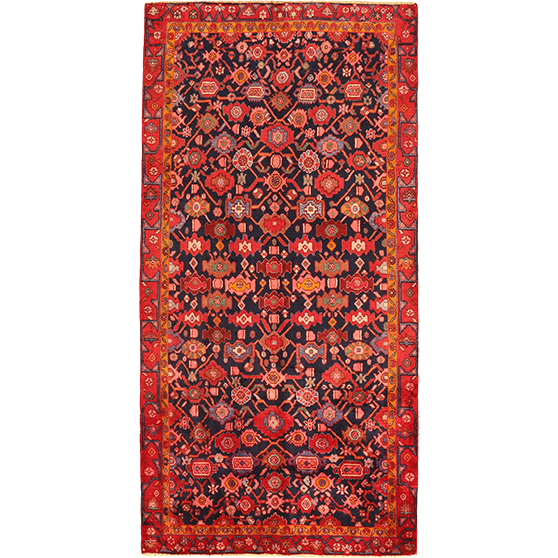 Borujerd Persian Rug 9'3" x 4'5" - Semi Antique Geometric Crimson, Navy Blue Hand Knotted | front view | SKU 111050