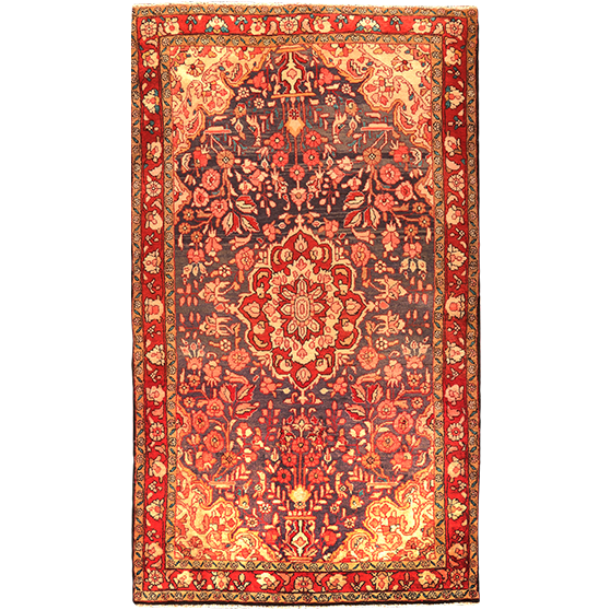 Borchelu Persian Rug 9x5 ft - Semi Antique Shah Abbasi, Medallion (Toranj) Madder Red, Dark Red, Ivory Hand Knotted | front view | SKU 111052