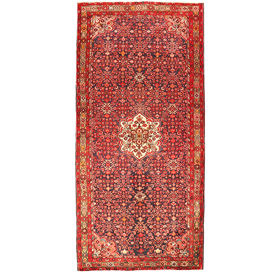 Hamadan Persian Rug 10x4 ft - Semi Antique Herati (Mahi), Medallion (Toranj) Madder Red, Navy Blue, Cream Hand Knotted | front view | SKU 111053