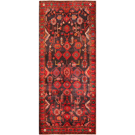 Nahavand Persian Rug 11'1" x 4'4" - Semi Antique Medallion Navy Blue, Red Hand Knotted | front view | SKU 111055