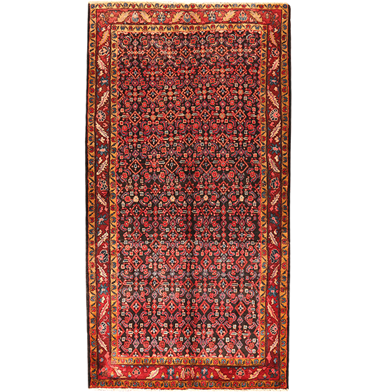 Arak Persian Rug 9x4 ft - Semi Antique Herati (Mahi) Madder Red, Crimson, Navy Blue Hand Knotted | front view | SKU 111056