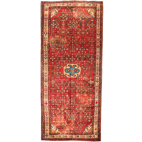 Hamadan Persian Rug 12'12" x 5'4" - Semi Antique Afshan Red, Blue Hand Knotted | front view | SKU 111058