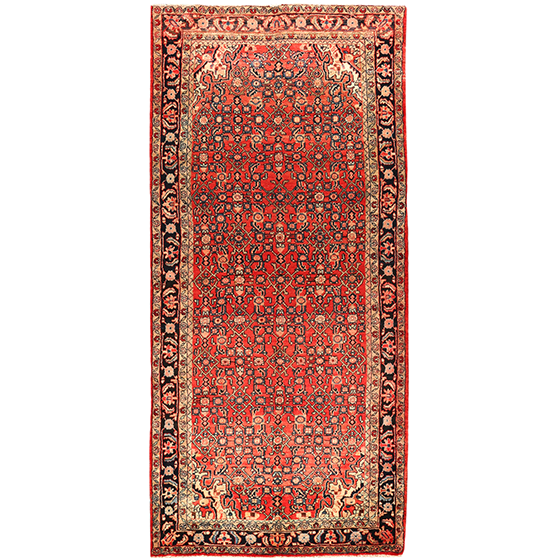 Hamadan Persian Rug 10x4 ft - Semi Antique Afshan Red, Blue Hand Knotted | front view | SKU 111060