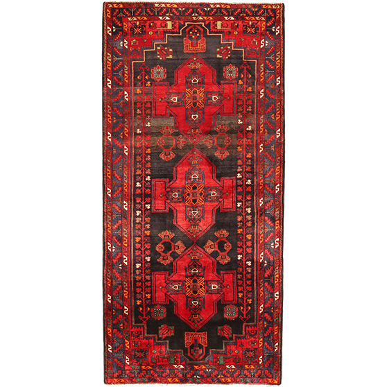 Saveh Persian Rug 9x4 ft - Semi Antique Medallion Red, Brown Hand Knotted | front view | SKU 111061