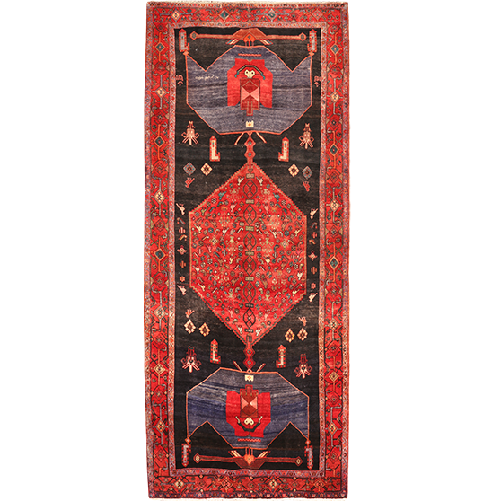Kolyai Persian Rug 12'10" x 5'3" - Semi Antique Geometric Blue, Red Hand Knotted | front view | SKU 111062