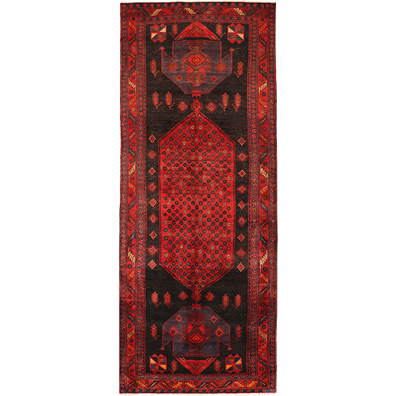 Bijar Persian Rug 11'7" x 4'5" - Semi Antique Medallion Crimson, Navy Blue Hand Knotted | front view | SKU 111064