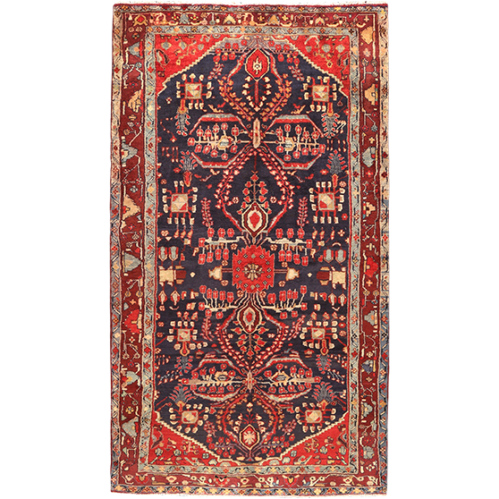 Hamadan Persian Rug 9'7" x 4'11" - Semi Antique Afshan Red, Blue Hand Knotted | front view | SKU 111066