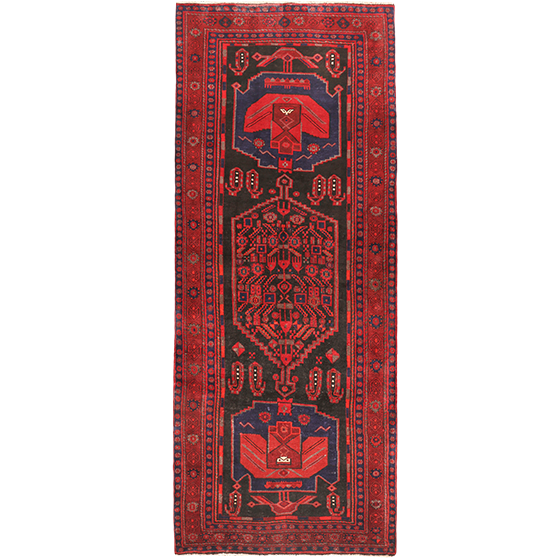 Bijar Persian Rug 11'8" x 4'2" - Semi Antique Medallion Crimson, Navy Blue Hand Knotted | front view | SKU 111068
