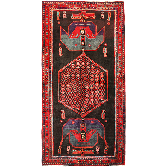 Bijar Persian Rug 10'6" x 5'0" - Semi Antique Medallion Crimson, Navy Blue Hand Knotted | front view | SKU 111070