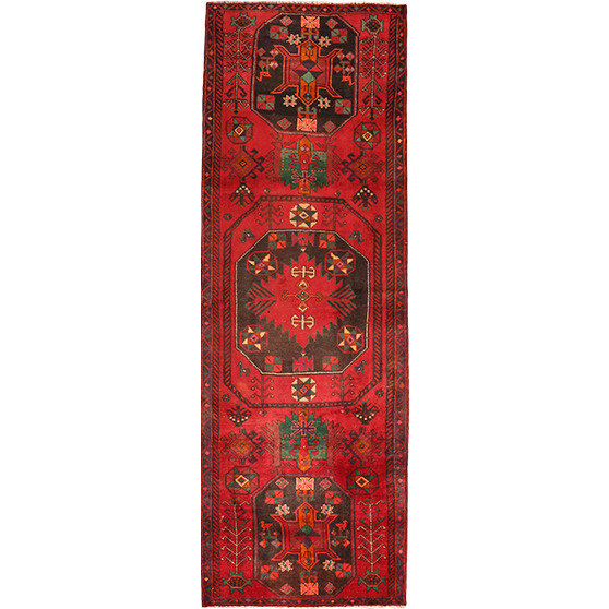 Ardabil Persian Rug 9x2 ft - Semi Antique Medallion (Toranj), Geometric Madder Red, Dark Red, Navy Blue Hand Knotted | front view | SKU 111073