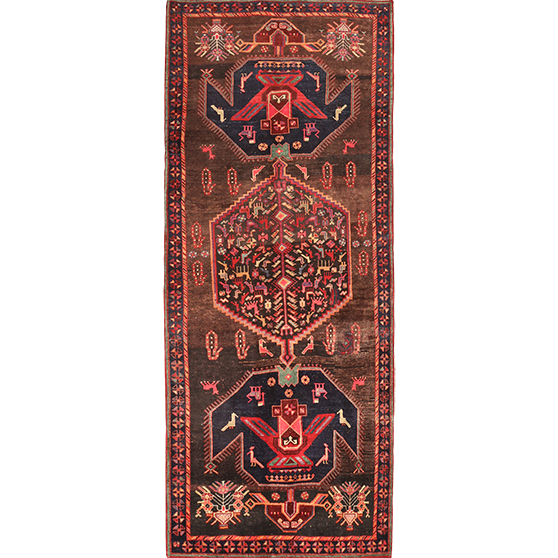 Bijar Persian Rug 9x3 ft - Semi Antique Medallion (Toranj), Geometric Madder Red, Dark Red, Navy Blue Hand Knotted | front view | SKU 111074