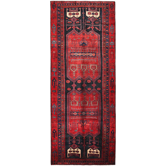 Bijar Persian Rug 12'5" x 4'5" - Semi Antique Medallion Crimson, Navy Blue Hand Knotted | front view | SKU 111075