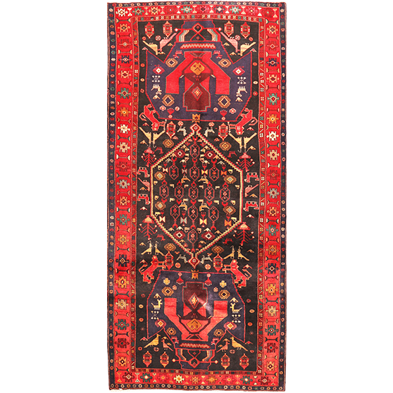 Kurdish Persian Rug 11'10" x 4'12" - Semi Antique Medallion Red, Blue Hand Knotted | front view | SKU 111076