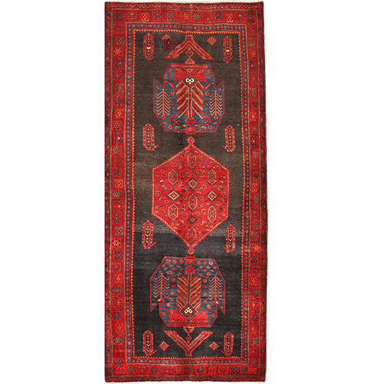 Kurdish Persian Rug 10'0" x 4'3" - Semi Antique Medallion Red, Blue Hand Knotted | front view | SKU 111077