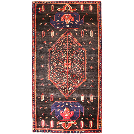 Bijar Persian Rug 8'4" x 4'3" - Semi Antique Medallion Crimson, Navy Blue Hand Knotted | front view | SKU 111078