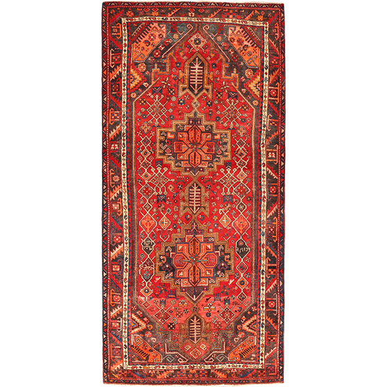 Bijar Persian Rug 8x3 ft - Semi Antique Medallion Crimson, Navy Blue Hand Knotted | front view | SKU 111079