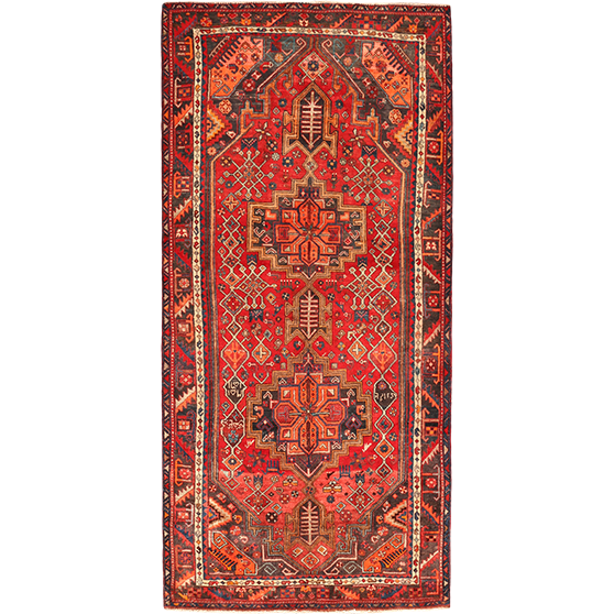 Bijar Persian Rug 8'9" x 3'11" - Semi Antique Medallion Crimson, Navy Blue Hand Knotted | front view | SKU 111079