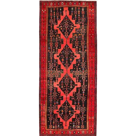 Bijar Persian Rug 12x5 ft - Semi Antique Medallion Crimson, Navy Blue Hand Knotted | front view | SKU 111080