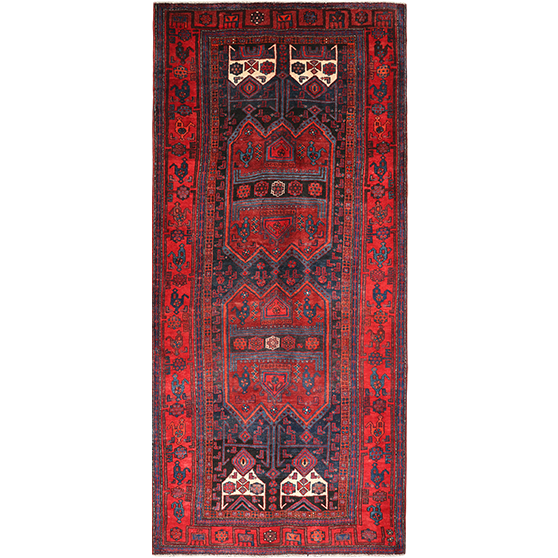 Bijar Persian Rug 11x4 ft - Semi Antique Medallion Crimson, Navy Blue Hand Knotted | front view | SKU 111081