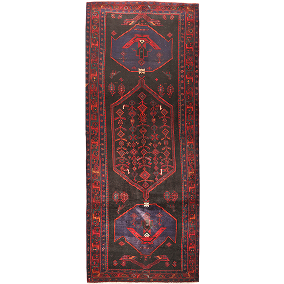 Bijar Persian Rug 13x4 ft - Semi Antique Medallion Crimson, Navy Blue Hand Knotted | front view | SKU 111082