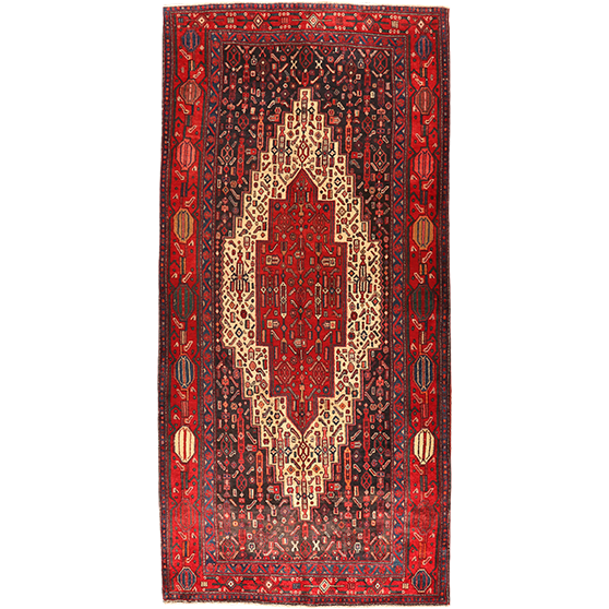 Senneh Persian Rug 9'11" x 4'4" - Semi Antique Medallion Crimson, Navy Blue Hand Knotted | front view | SKU 111084