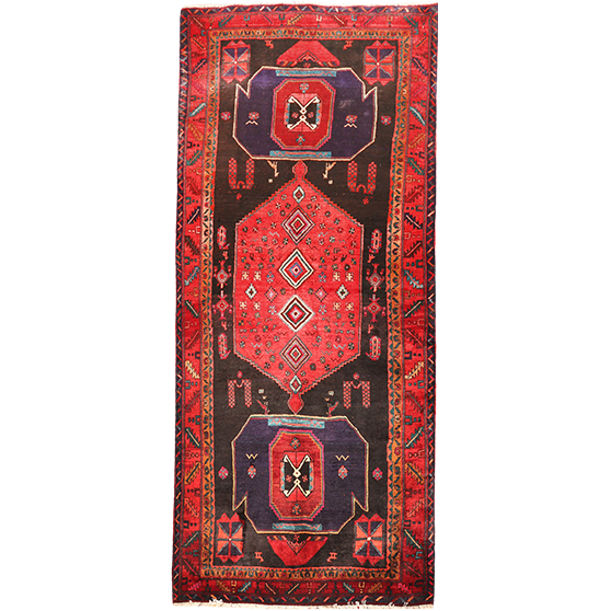 Bijar Persian Rug 10x4 ft - Semi Antique Medallion Toranj, Geometric Crimson, Dark Red, Navy Blue Hand Knotted | front view | SKU 111085