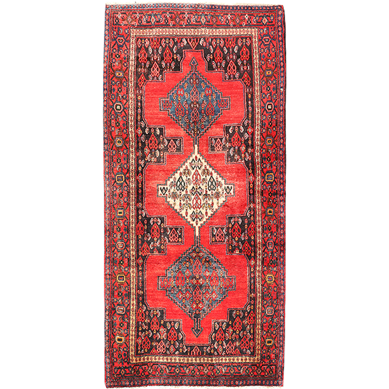 Senneh Persian Rug 8'5" x 3'9" - Semi Antique Medallion Crimson, Navy Blue Hand Knotted | front view | SKU 111087