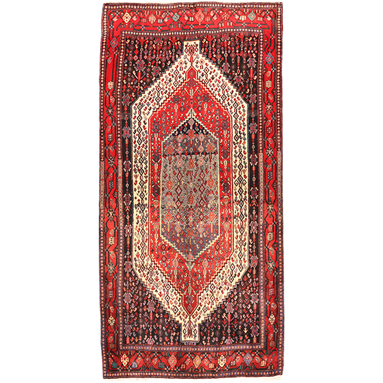 Senneh Persian Rug 9'2" x 4'3" - Semi Antique Medallion Crimson, Navy Blue Hand Knotted | front view | SKU 111088