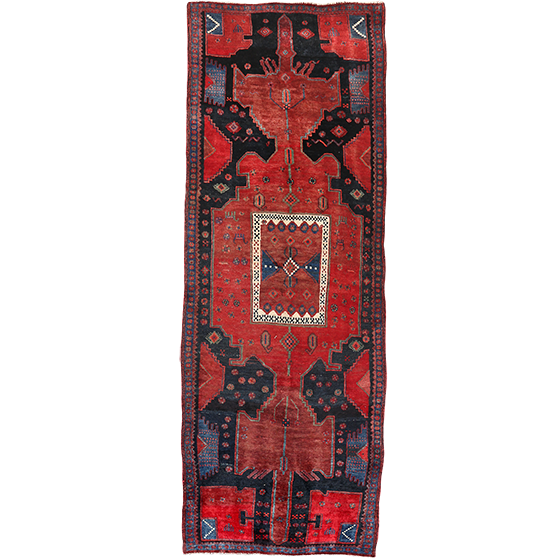 Bijar Persian Rug 10x3 ft - Semi Antique Medallion Geometric Madder Red, Navy Blue, Dark Red Hand Knotted | front view | SKU 111089