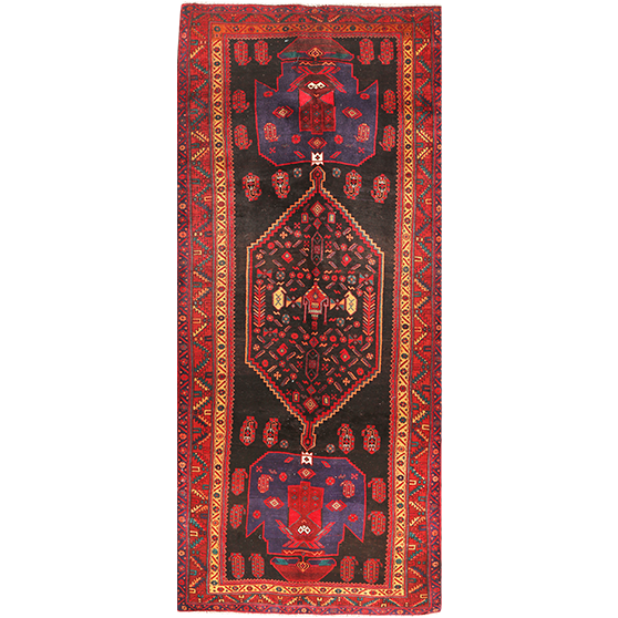 Bijar Persian Rug 12x4 ft - Semi Antique Medallion Crimson, Navy Blue Hand Knotted | front view | SKU 111090