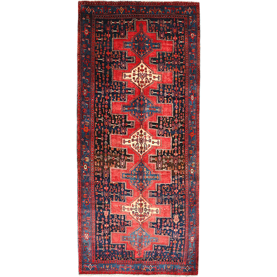 Senneh Persian Rug 10x4 ft - Semi Antique Medallion Crimson, Navy Blue Hand Knotted | front view | SKU 111092