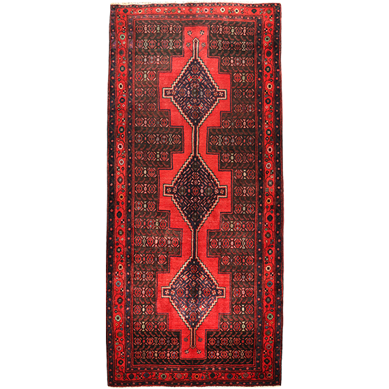 Bijar Persian Rug 11x4 ft - Semi Antique Medallion (Toranj), Geometric Crimson, Dark Red, Navy Blue Hand Knotted | front view | SKU 111093