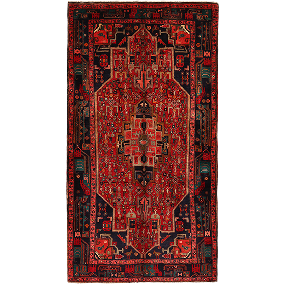 Songhor Persian Rug 9x5 ft - Semi Antique Geometric Red, Blue Hand Knotted | front view | SKU 111094