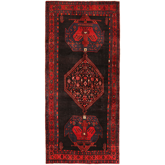 Bijar Persian Rug 10'2" x 4'3" - Semi Antique Medallion Crimson, Navy Blue Hand Knotted | front view | SKU 111096