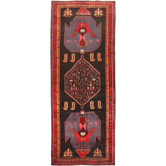 Bijar Persian Rug 13x4 ft - Semi Antique Medallion Crimson, Navy Blue Hand Knotted | front view | SKU 111097