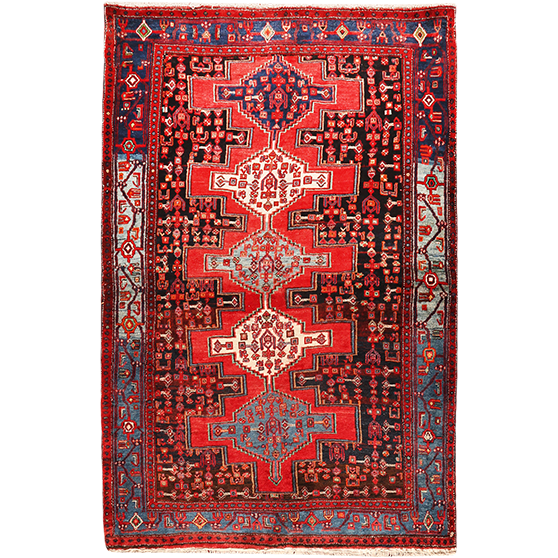 Zanjan Persian Rug 7x4 ft - Semi Antique Medallion (Toranj), Geometric Madder Red, Navy Blue, Crimson Hand Knotted | front view | SKU 111098