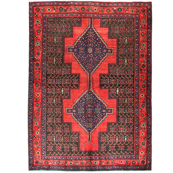 Bijar Persian Rug 7x5 ft - Semi Antique Medallion (Toranj), Geometric Crimson, Dark Red, Navy Blue Hand Knotted | front view | SKU 111099