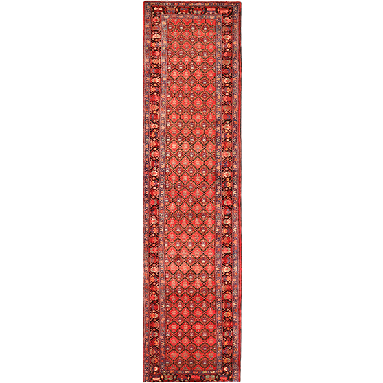 Hamadan Persian Rug 14x3 ft - Semi Antique Afshan Red, Blue Hand Knotted | front view | SKU 111102